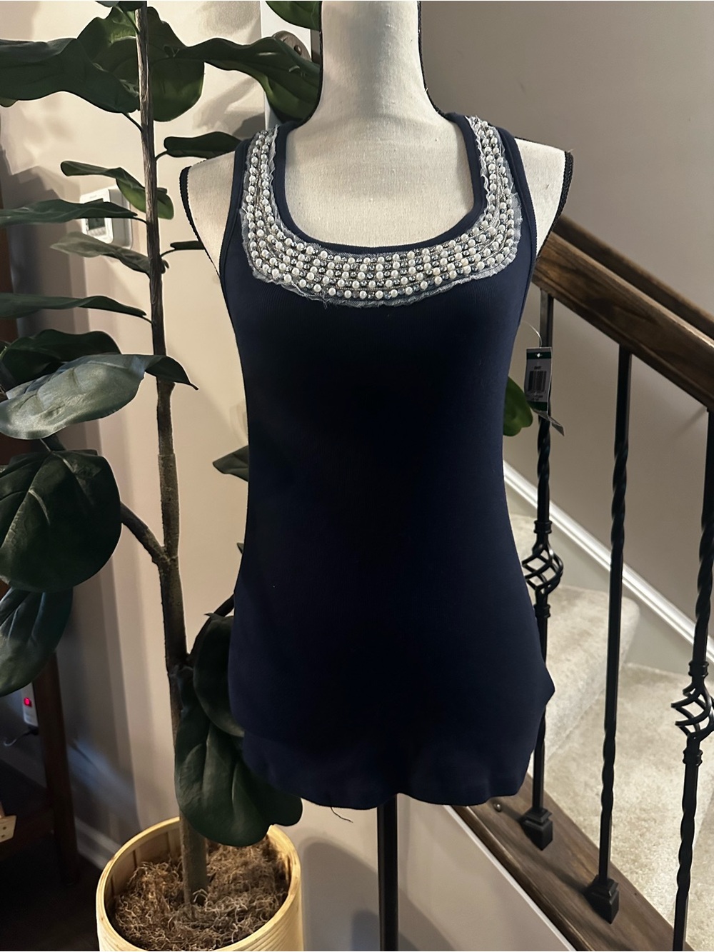 INC International Concepts Navy Tank Top with Pearl-Trim Scoop Neck